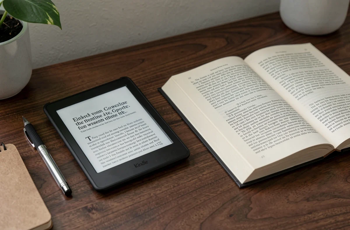 Liseuse Kindle posée sur un bureau en bois à côté d'un livre papier ouvert, illustration du choix entre format numérique et physique