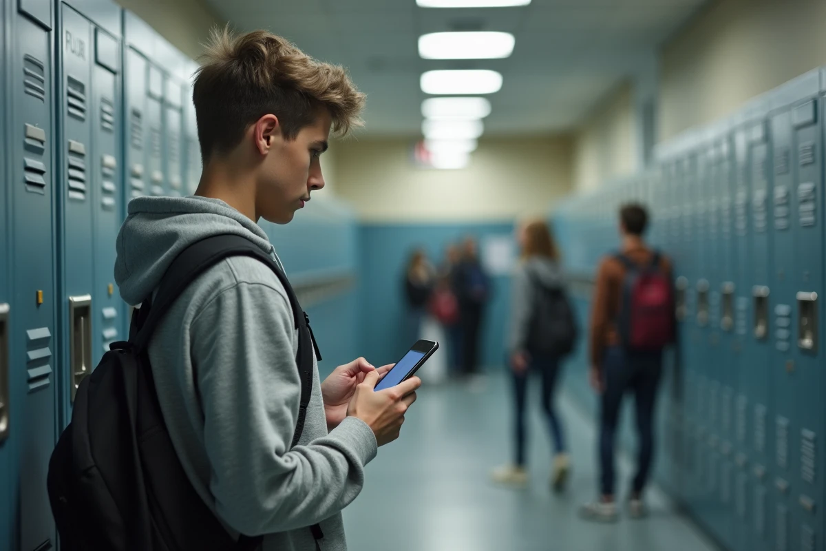 Lycéen consultant l'ENT académique de Créteil sur son smartphone dans le couloir de son lycée