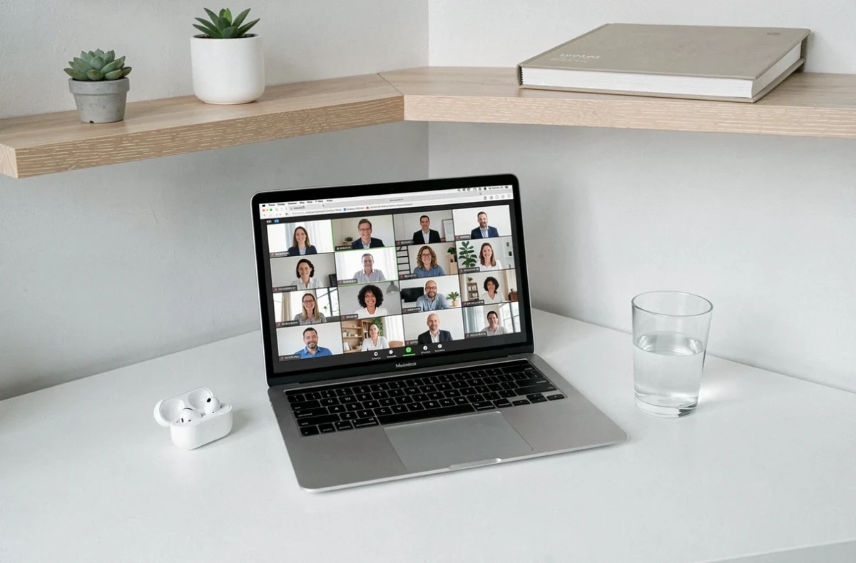 MacBook Air puce M2 ouvert sur un bureau minimaliste affichant une visioconférence professionnelle en télétravail