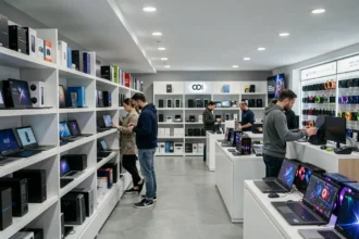 Vue intérieure d'un magasin informatique moderne dans les Pays de la Loire avec des rayons de composants PC et des clients en train de naviguer parmi les produits
