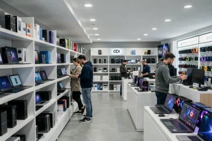 Vue intérieure d'un magasin informatique moderne dans les Pays de la Loire avec des rayons de composants PC et des clients en train de naviguer parmi les produits
