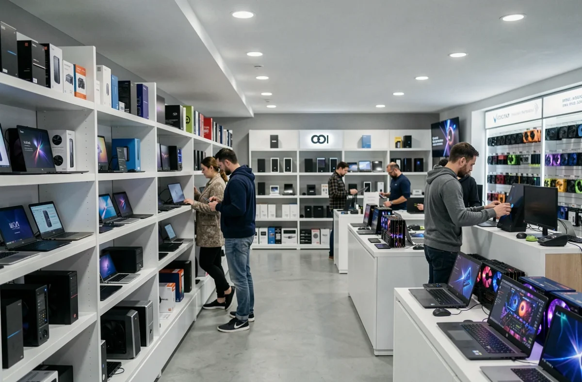 Vue intérieure d'un magasin informatique moderne dans les Pays de la Loire avec des rayons de composants PC et des clients en train de naviguer parmi les produits