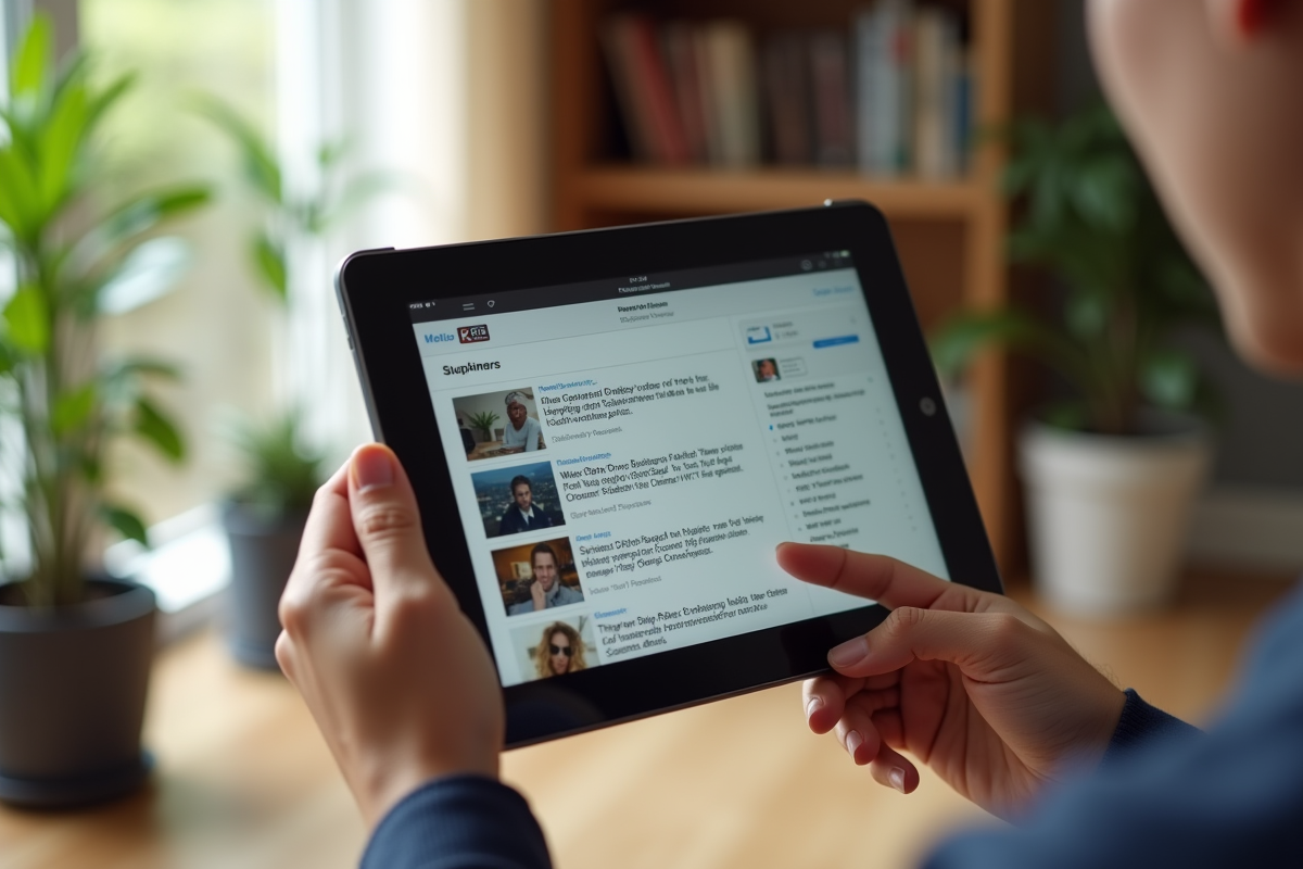 Mains tenant une tablette avec flux RSS et actualités