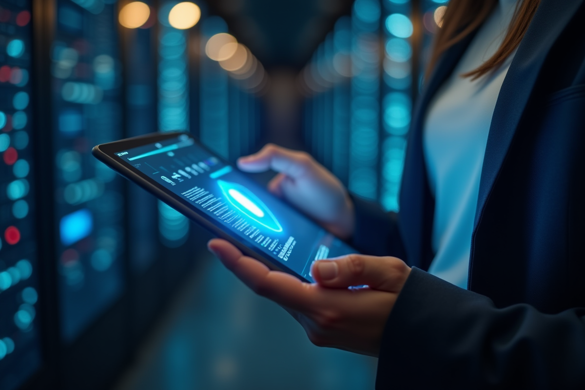 Mains tenant une tablette avec un bouclier digital et interface sécurité