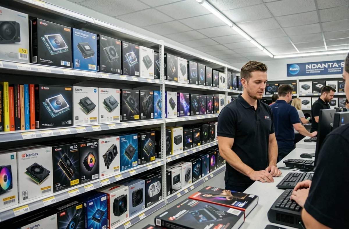 Intérieur du magasin Materiel.net à Nantes avec des rayons de composants PC et un vendeur assistant un client au comptoir