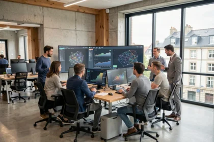 Équipe de professionnels dans un bureau tech moderne en Bretagne, autour d'écrans affichant des visualisations d'intelligence artificielle