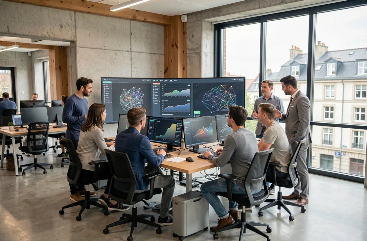 Équipe de professionnels dans un bureau tech moderne en Bretagne, autour d'écrans affichant des visualisations d'intelligence artificielle