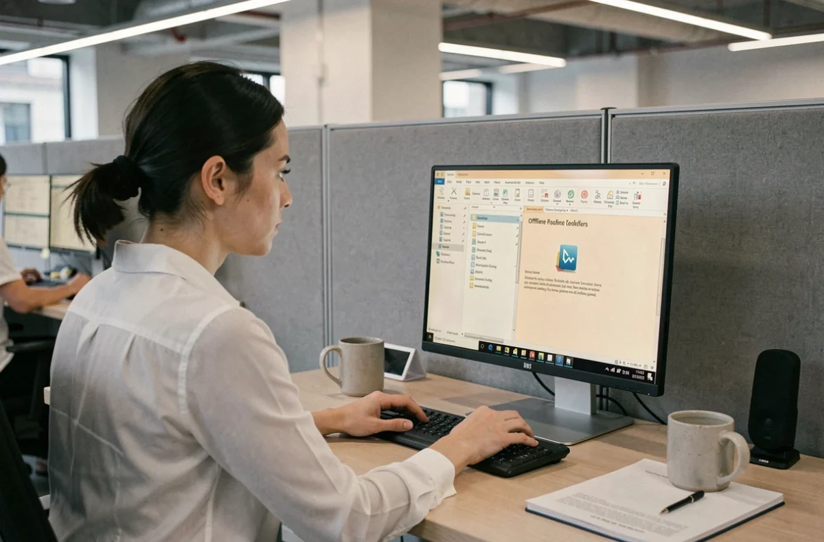 Femme naviguant dans un gestionnaire de fichiers pour installer une suite bureautique open source hors connexion dans un bureau moderne