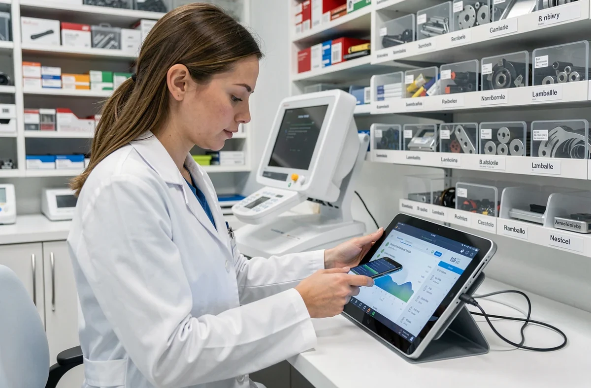 Technicienne de Mobile Clinique à Lamballe connectant un smartphone à un appareil de diagnostic dans un atelier moderne