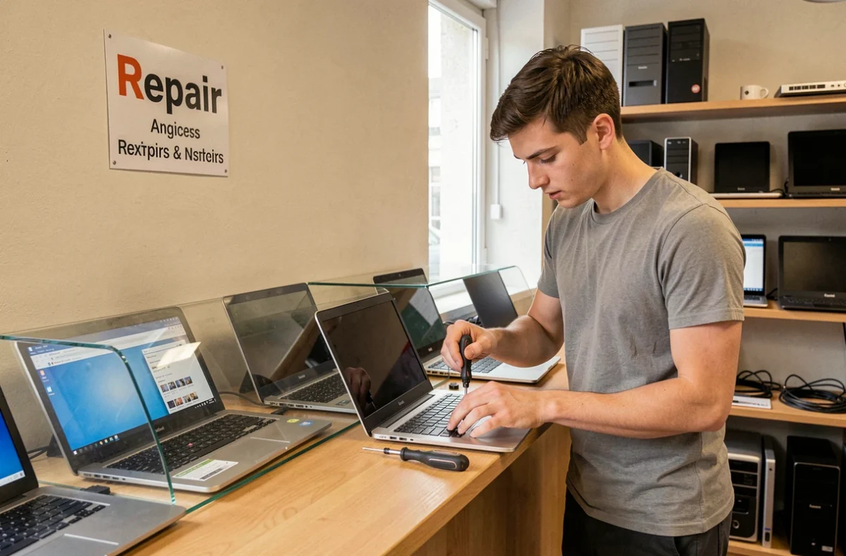Technicien de My Micro à Angers remontant un ordinateur portable sur le comptoir d'une boutique de vente et réparation informatique