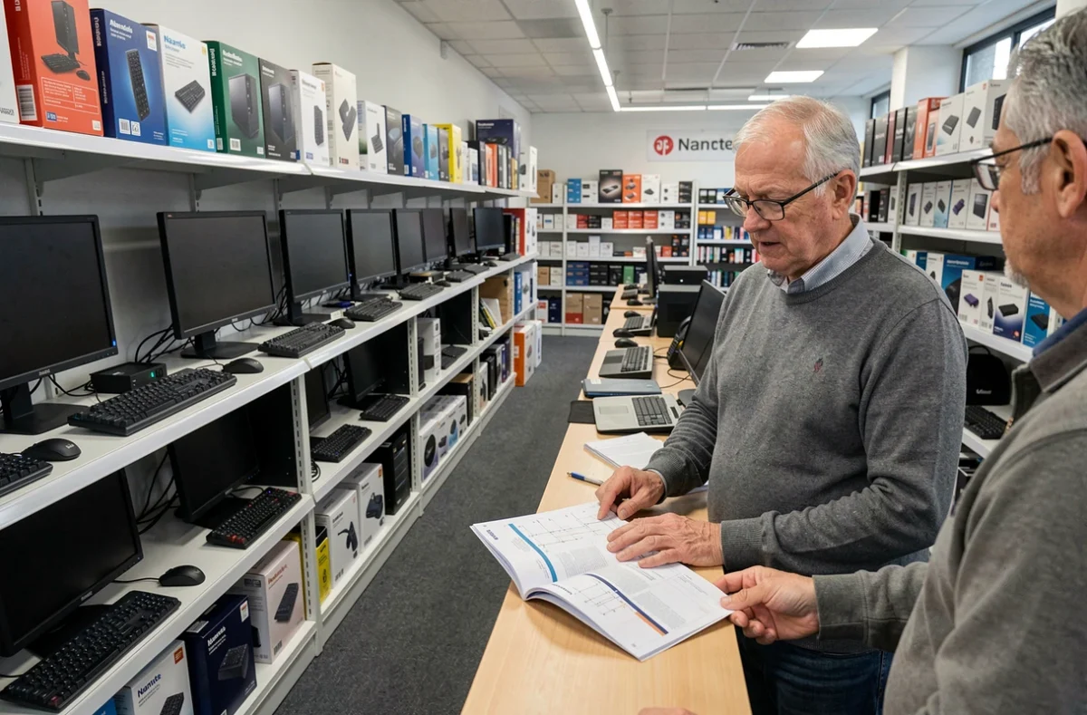 Intérieur du magasin Nantes Micro avec un spécialiste expérimenté conseillant un client devant des rayons de périphériques et d'ordinateurs
