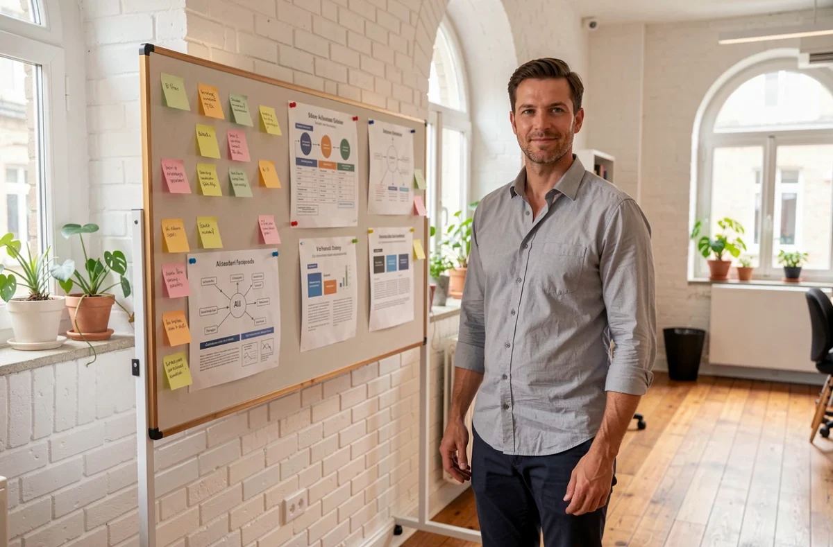 Consultant en transformation numérique devant un mur de stratégie IA dans un espace de travail créatif à Rennes pour Niji