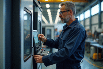 Opérateur en overalls bleus programme une machine CNC moderne