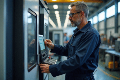 Opérateur en overalls bleus programme une machine CNC moderne