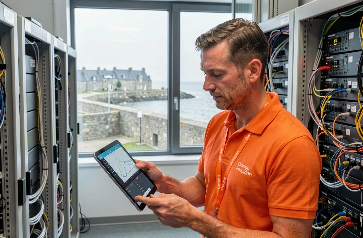 Ingénieur télécoms analysant des données réseau IA sur tablette dans un centre de recherche Orange Innovation à Lannion