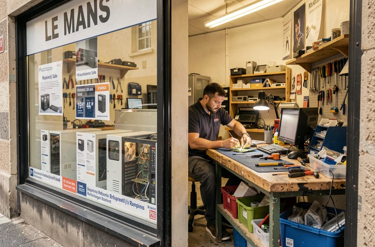 Atelier de réparation d'Ordi-Repair au Mans avec un technicien soudant une carte électronique sur un établi et des ordinateurs reconditionnés visibles en vitrine