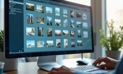 Personne organisant dossiers photos numériques en bureau lumineux