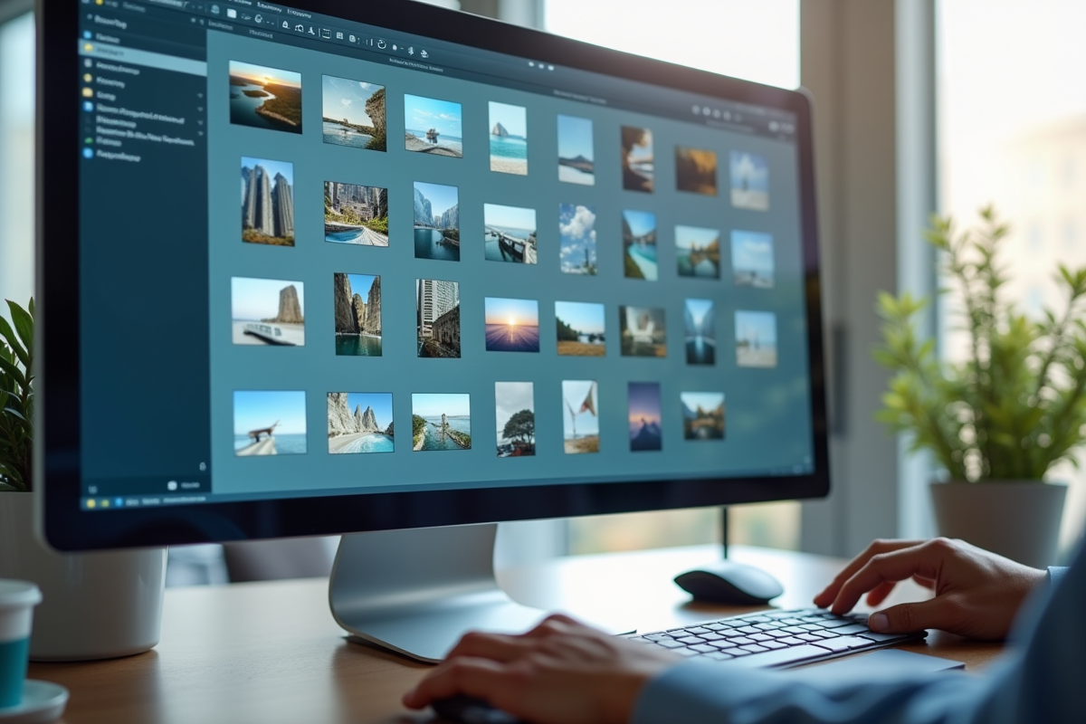 Personne organisant dossiers photos numériques en bureau lumineux