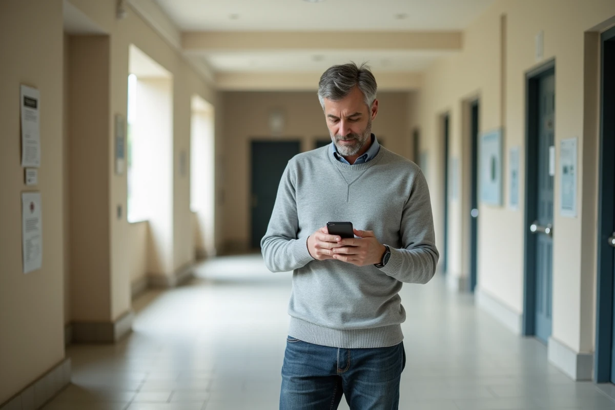 Enseignant consultant les paramètres de messagerie académique sur iPhone dans un couloir d'université