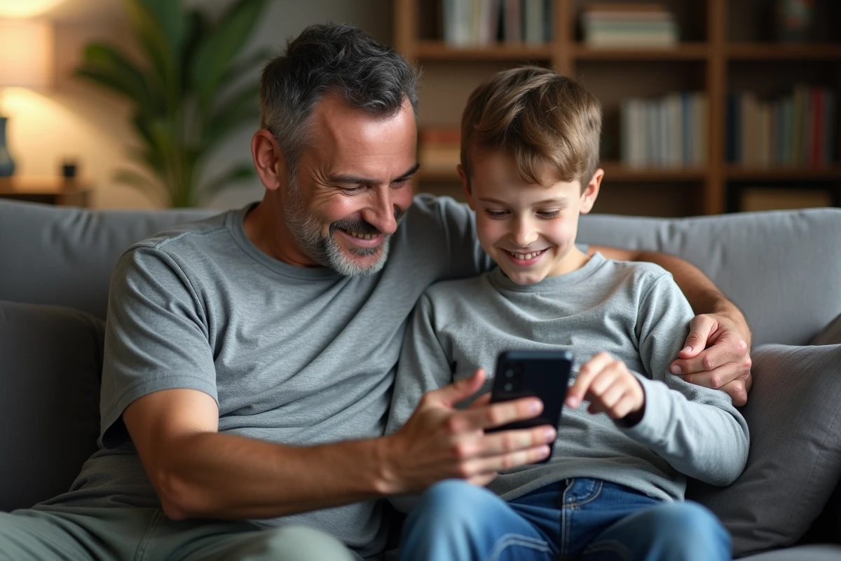 Père et fils adolescent discutant du Samsung Galaxy A25 dans le salon familial