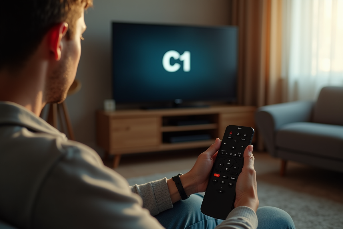 Personne inquiète tenant une télécommande devant un écran avec erreur C1