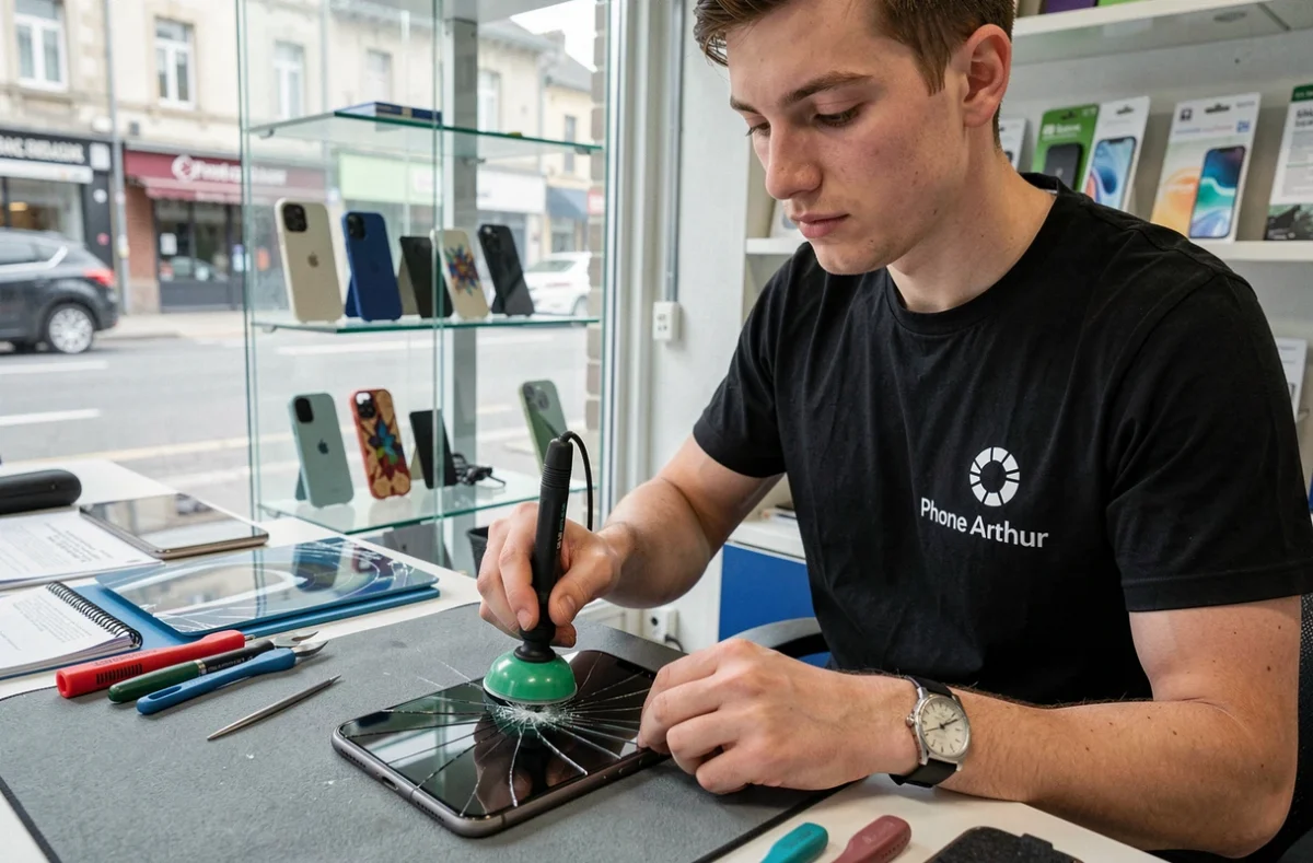Technicien de Phone Armor à Saint-Brieuc retirant un écran fissuré d'un smartphone avec ventouse