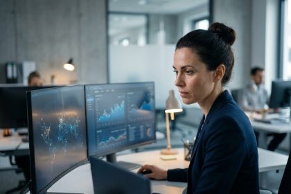 Ingénieure surveillant des tableaux de bord d'agents IA sur double écran dans un bureau technologique moderne