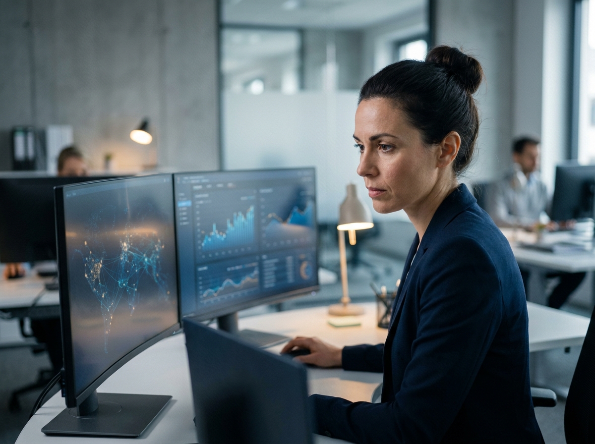 Ingénieure surveillant des tableaux de bord d'agents IA sur double écran dans un bureau technologique moderne