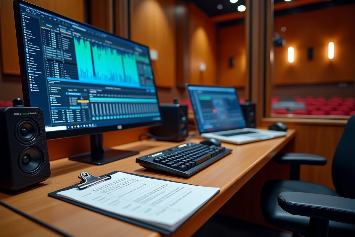 Poste de travail de cabine de sonorisation avec interface logicielle Virtual StudioLive sur écran