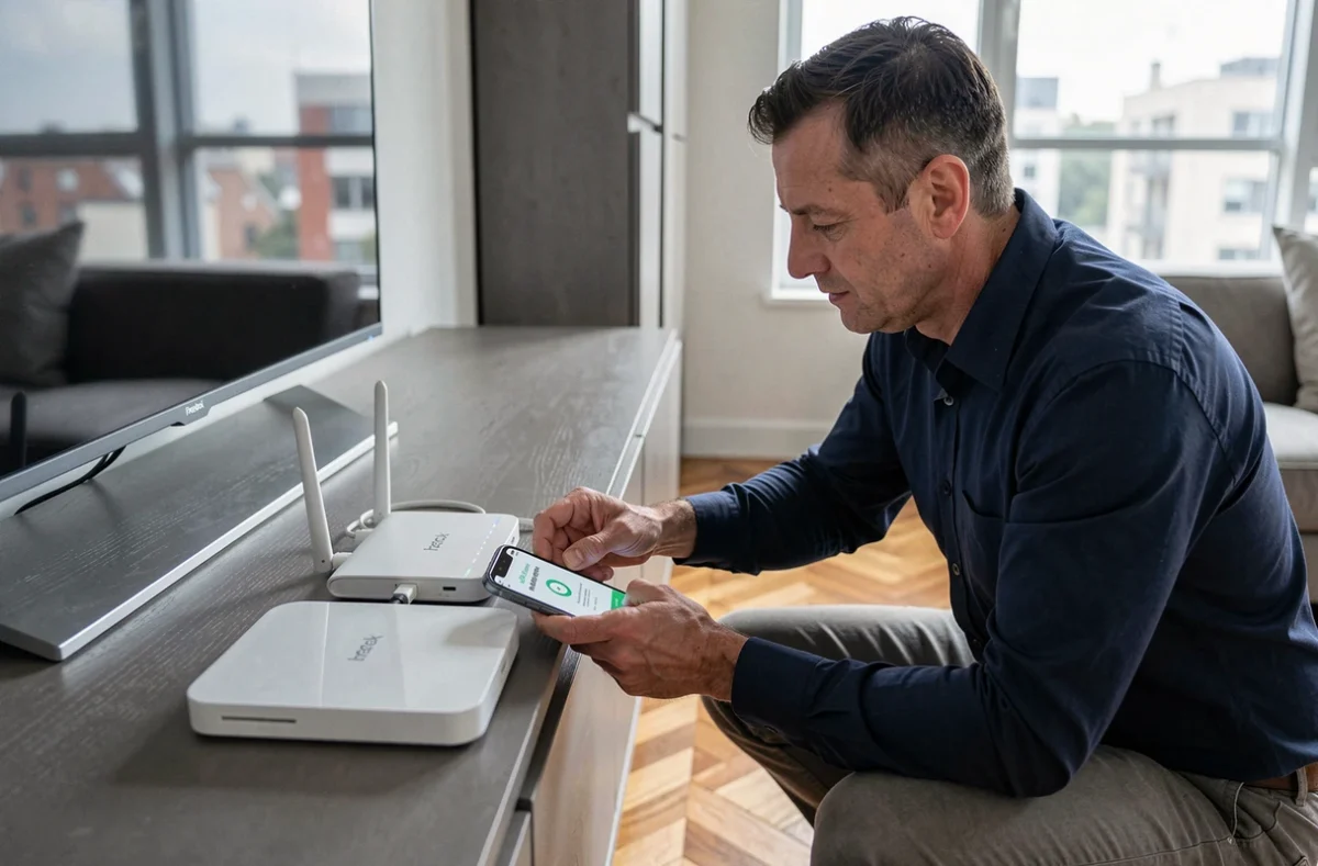 Homme branchant une Freebox Delta dans un salon moderne tout en consultant la page de première connexion sur smartphone