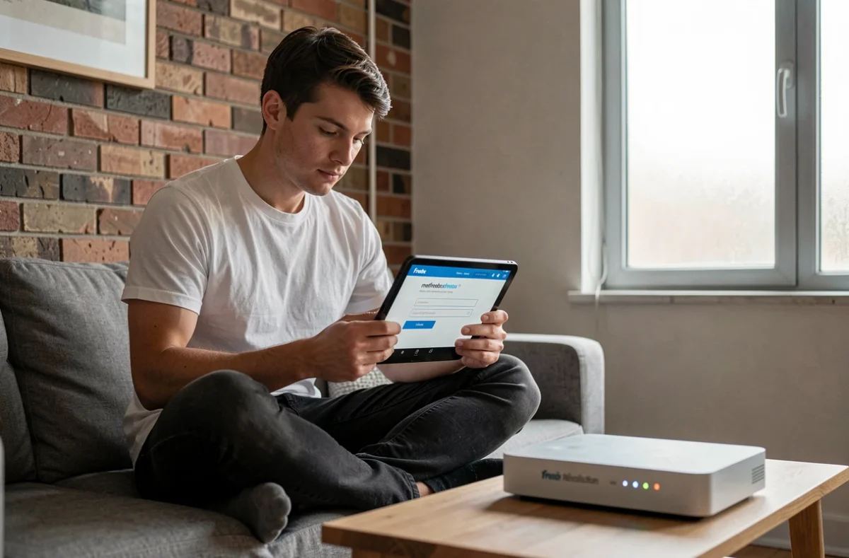 Jeune homme réalisant la première connexion Freebox Révolution via mafreeboxfreebox fr sur une tablette dans son appartement