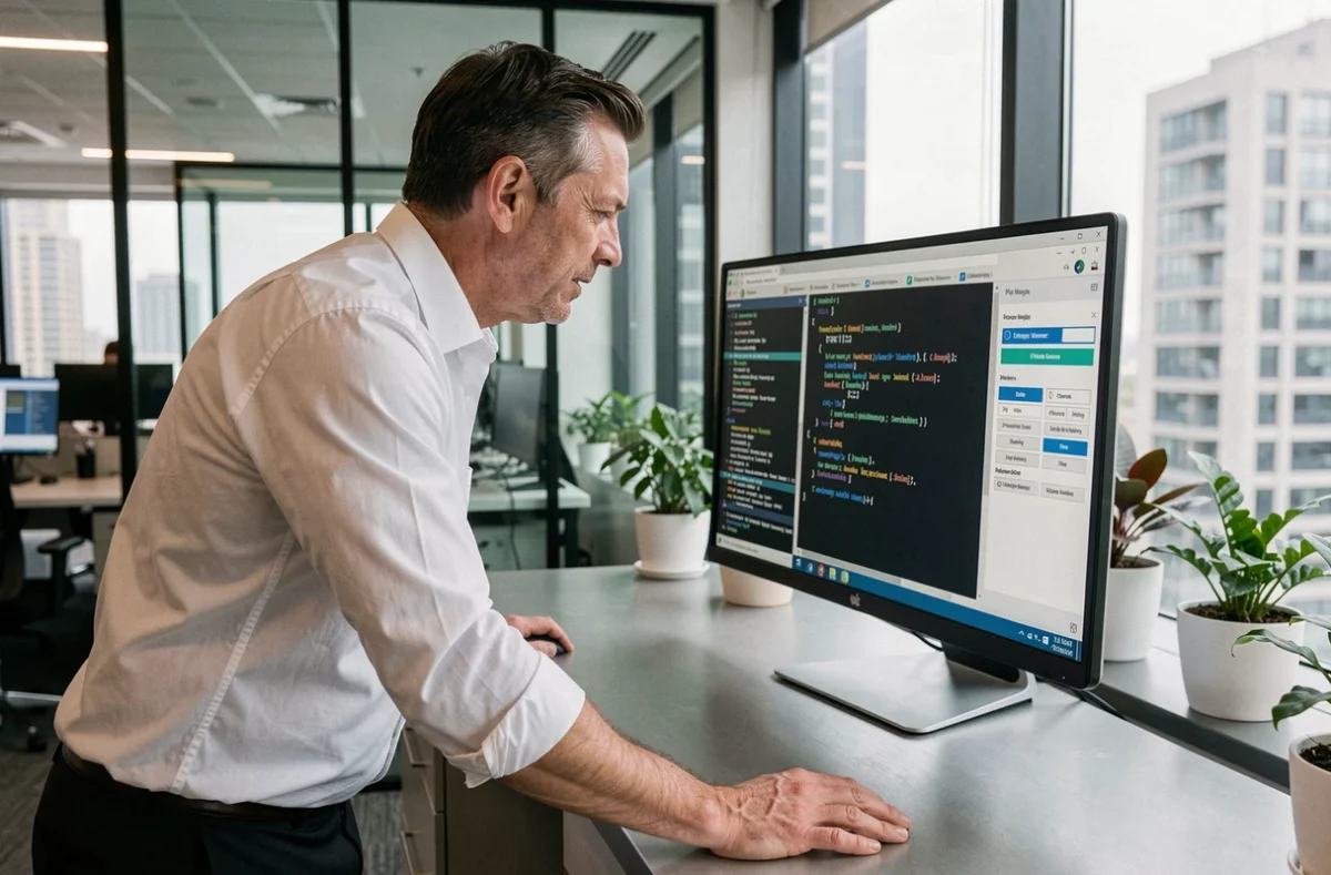 Professionnel en bureau open space configurant un outil de masquage d'adresse IP sur un terminal réseau dans un environnement corporate moderne