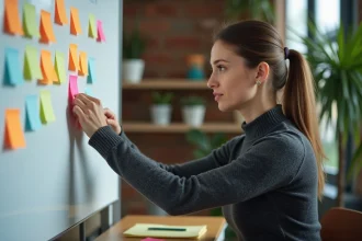 Femme développeuse ajoutant des éléments un par un sur un tableau blanc, illustrant la méthode append en Python