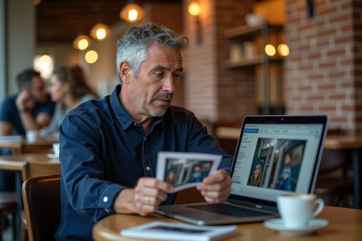 Homme en train d'effectuer une recherche inversée d'image sur un ordinateur portable dans un café pour retrouver des profils sociaux