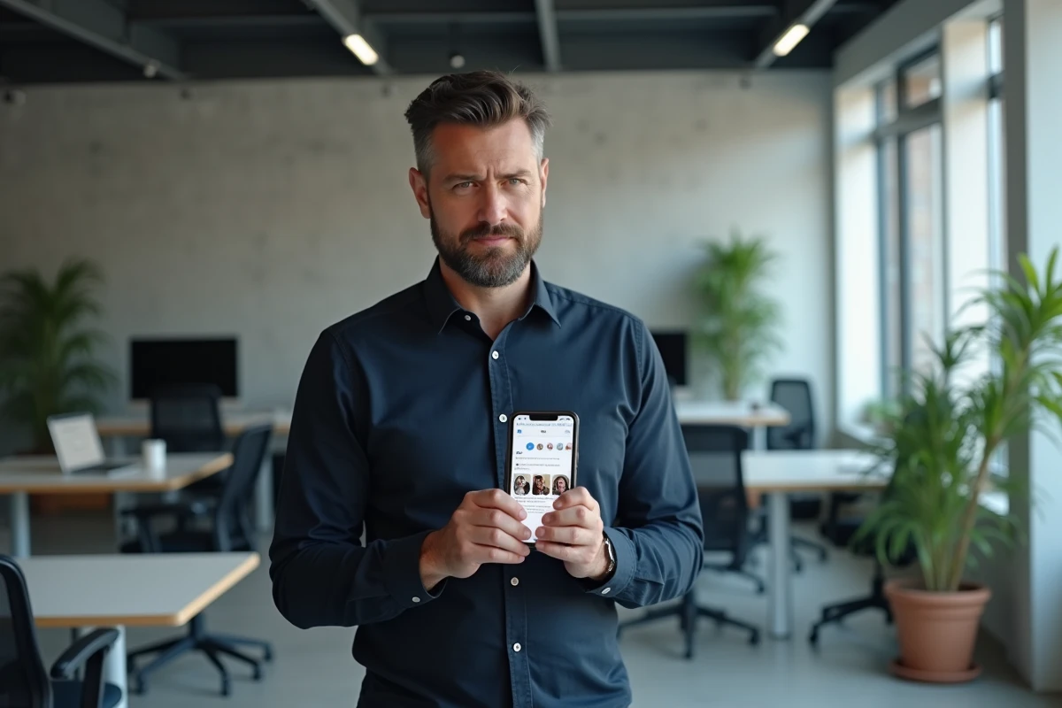 Homme en bureau utilisant la recherche inversée d'image sur smartphone pour identifier une personne à partir d'une photo volée sur les réseaux sociaux