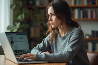 Femme inquiète regardant un profil de réseau social sur son ordinateur portable, illustrant la recherche d'une personne via une photo volée en ligne