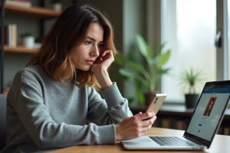 Femme utilisant un smartphone et un ordinateur portable pour rechercher des profils sur les réseaux sociaux de manière responsable