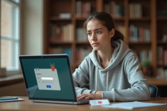 Étudiante réinitialisant son mot de passe sur l'intranet Lyon 3 depuis un ordinateur portable dans une bibliothèque universitaire