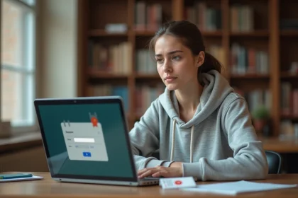 Étudiante réinitialisant son mot de passe sur l'intranet Lyon 3 depuis un ordinateur portable dans une bibliothèque universitaire
