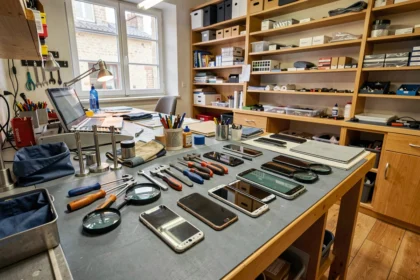 Atelier de réparation de smartphones dans les Côtes-d'Armor avec outils et pièces détachées sur un établi professionnel