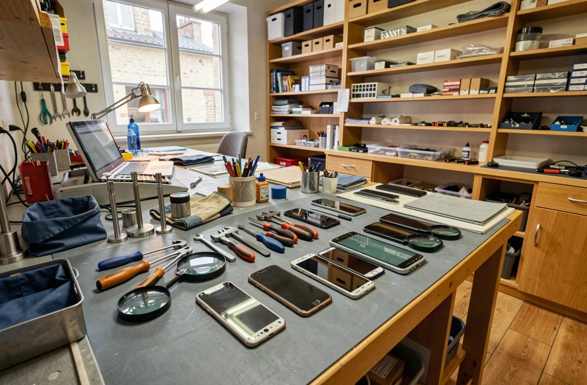 Atelier de réparation de smartphones dans les Côtes-d'Armor avec outils et pièces détachées sur un établi professionnel