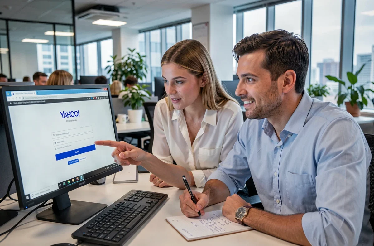 Deux collègues au bureau résolvant ensemble un problème lors de la création d'un compte Yahoo