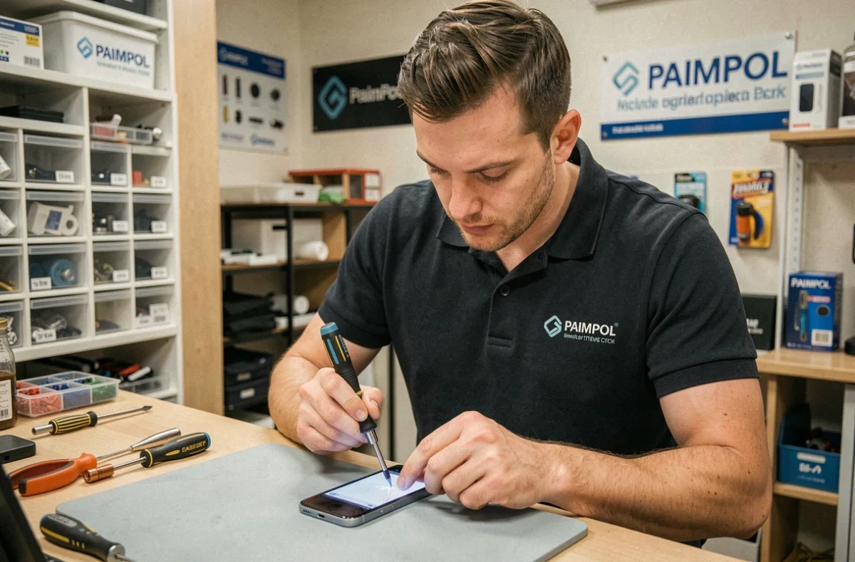 Technicien de Restart Informatique & Téléphonie à Paimpol réparant un smartphone avec des outils de précision