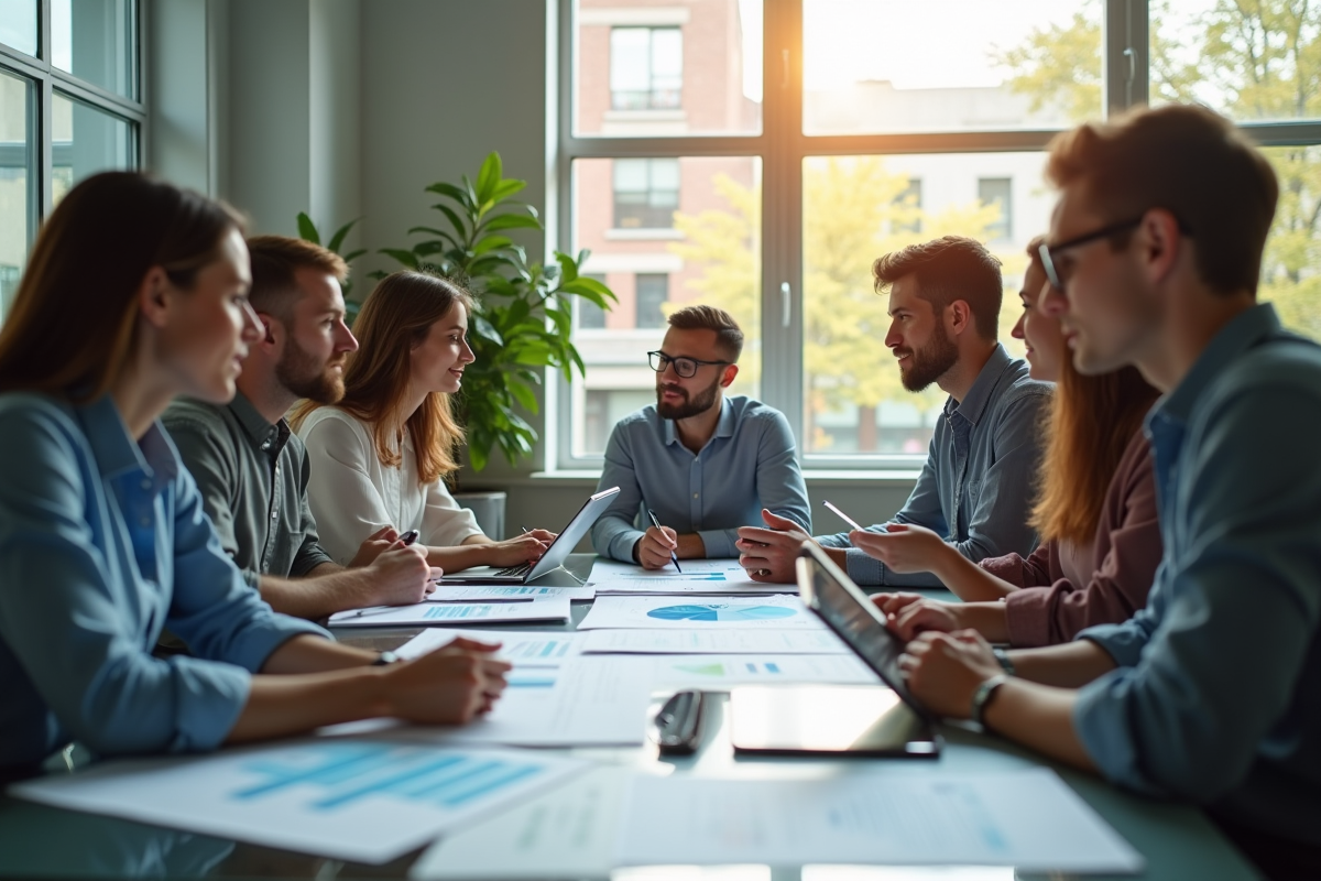 Groupe de professionnels discutant de budgets ecommerce en réunion