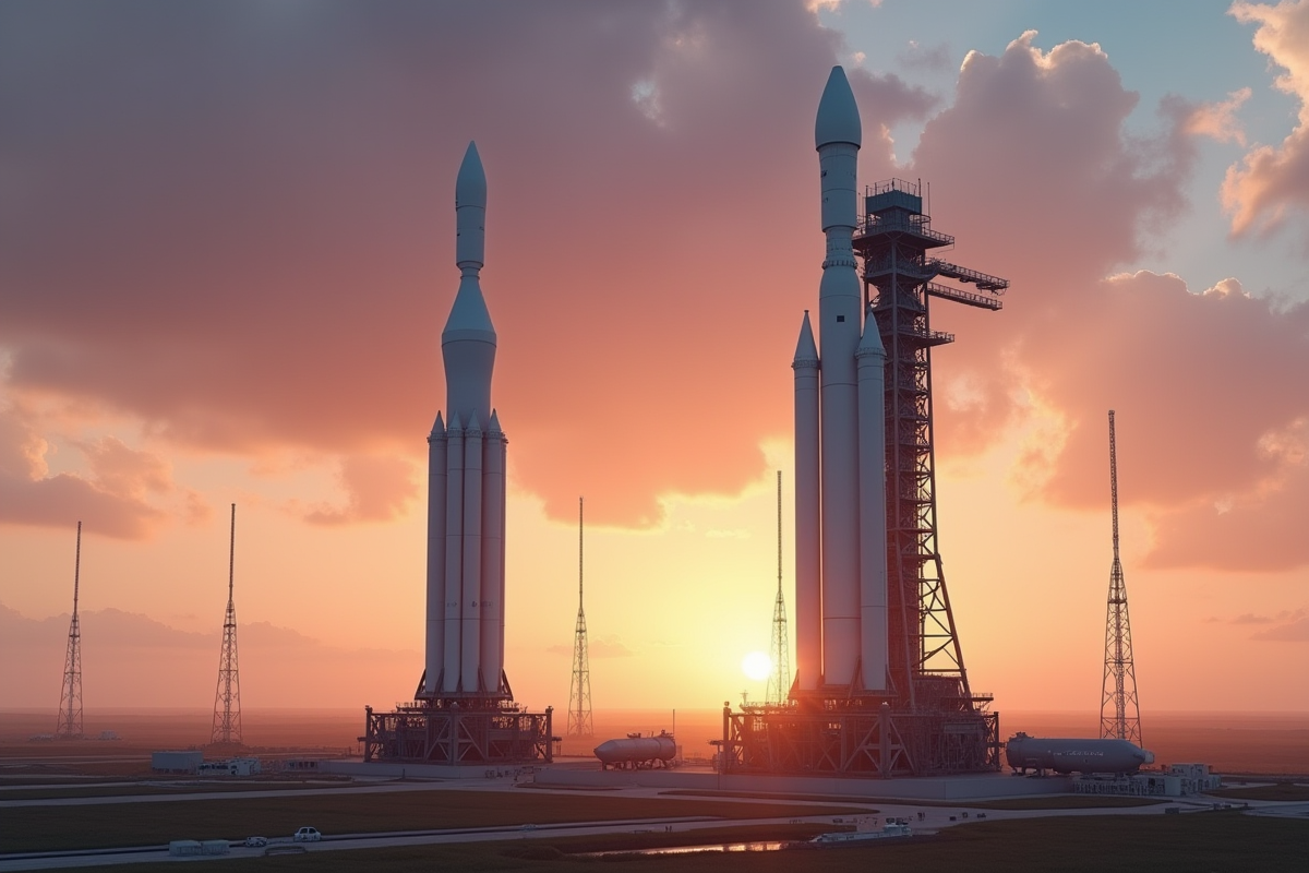 Ariane 5 et Ariane 6 côte à côte au lever du soleil