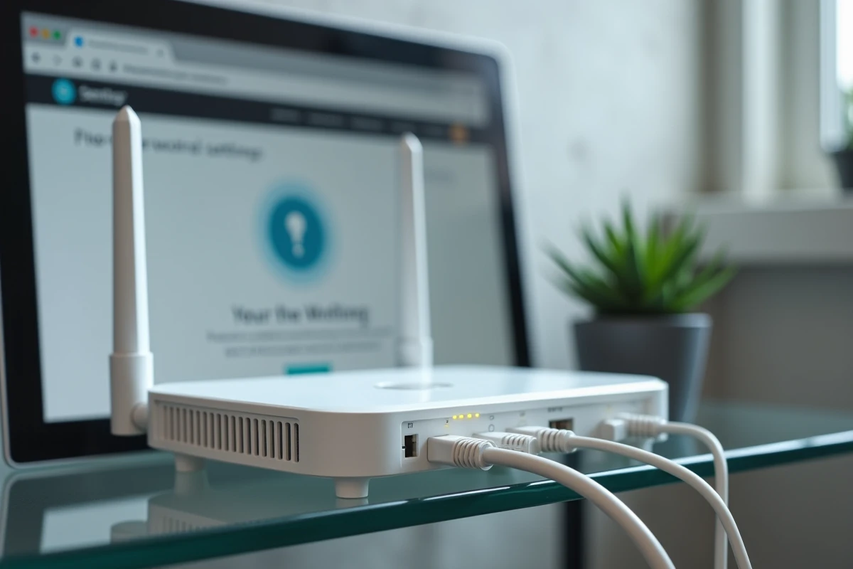 Routeur Freebox en gros plan avec câbles ethernet organisés et interface de sécurité réseau visible en arrière-plan