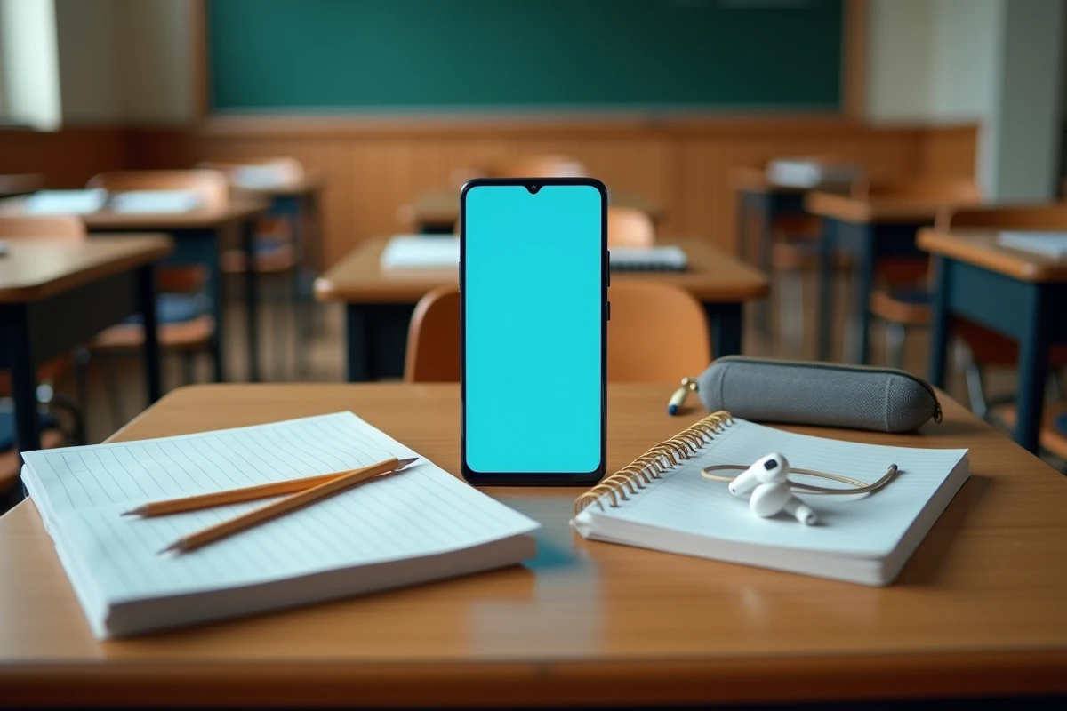 Samsung Galaxy A25 posé sur un bureau scolaire avec des cahiers, usage adolescent en classe