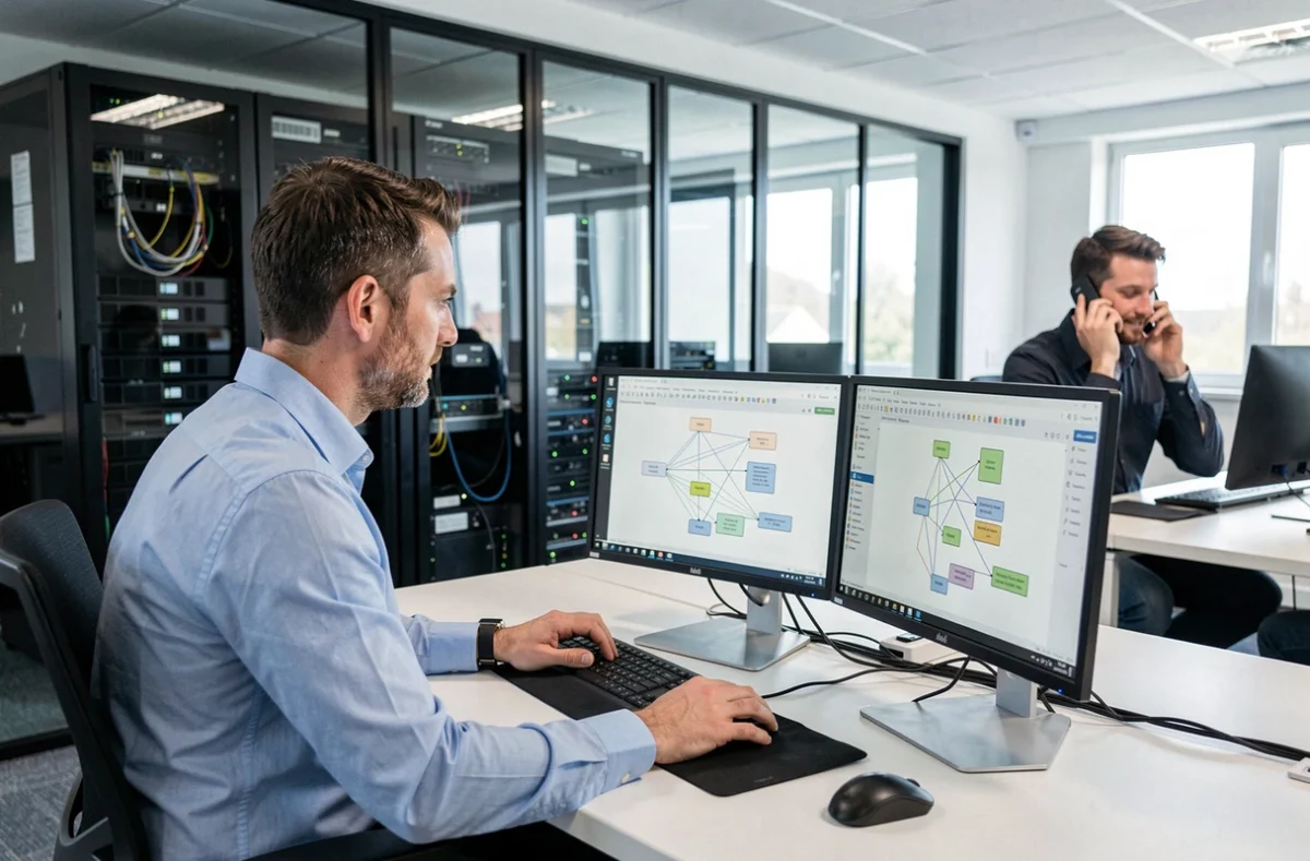 Consultant informatique de SD Informatique dans un bureau professionnel des Pays de la Loire travaillant sur des postes de travail avec un rack serveur en arrière-plan