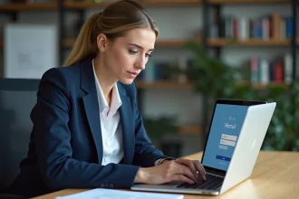 Femme professionnelle sécurisant son compte webmail académique sur un ordinateur portable au bureau
