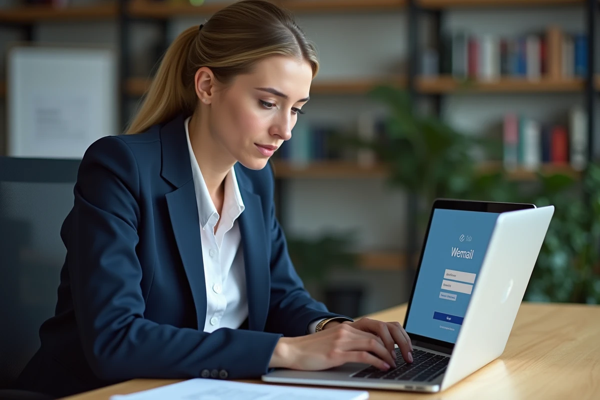 Femme professionnelle sécurisant son compte webmail académique sur un ordinateur portable au bureau